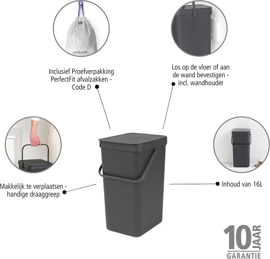 Poubelle gris antracite 16 L - Brabantia