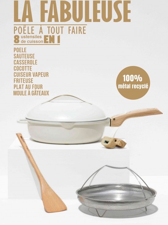Sauteuse céramique 8 en 1 anti-adhésif 24 cm crème - Cookut